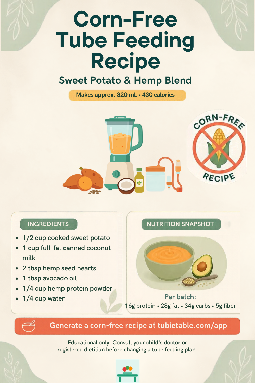 Corn-free blended tube feeding recipe with whole food ingredients