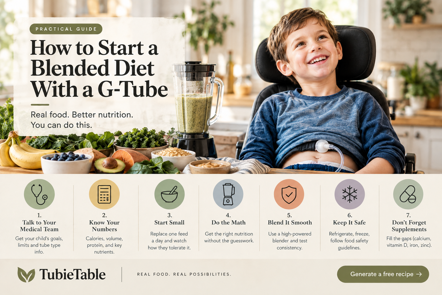 Child with G-tube smiling next to a blender surrounded by fresh whole foods